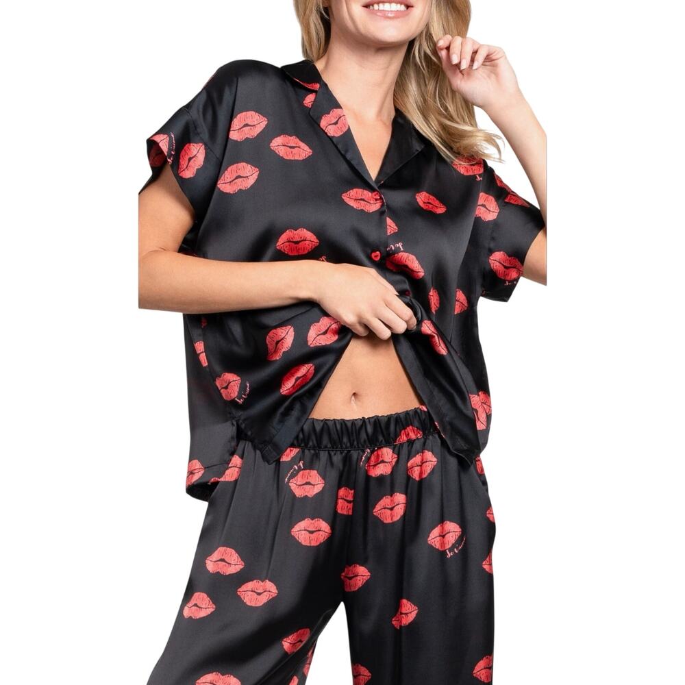 Midnight Bakery Kiss Print Satin Long Pajama Set, Black Red, Women's XL, NWT
